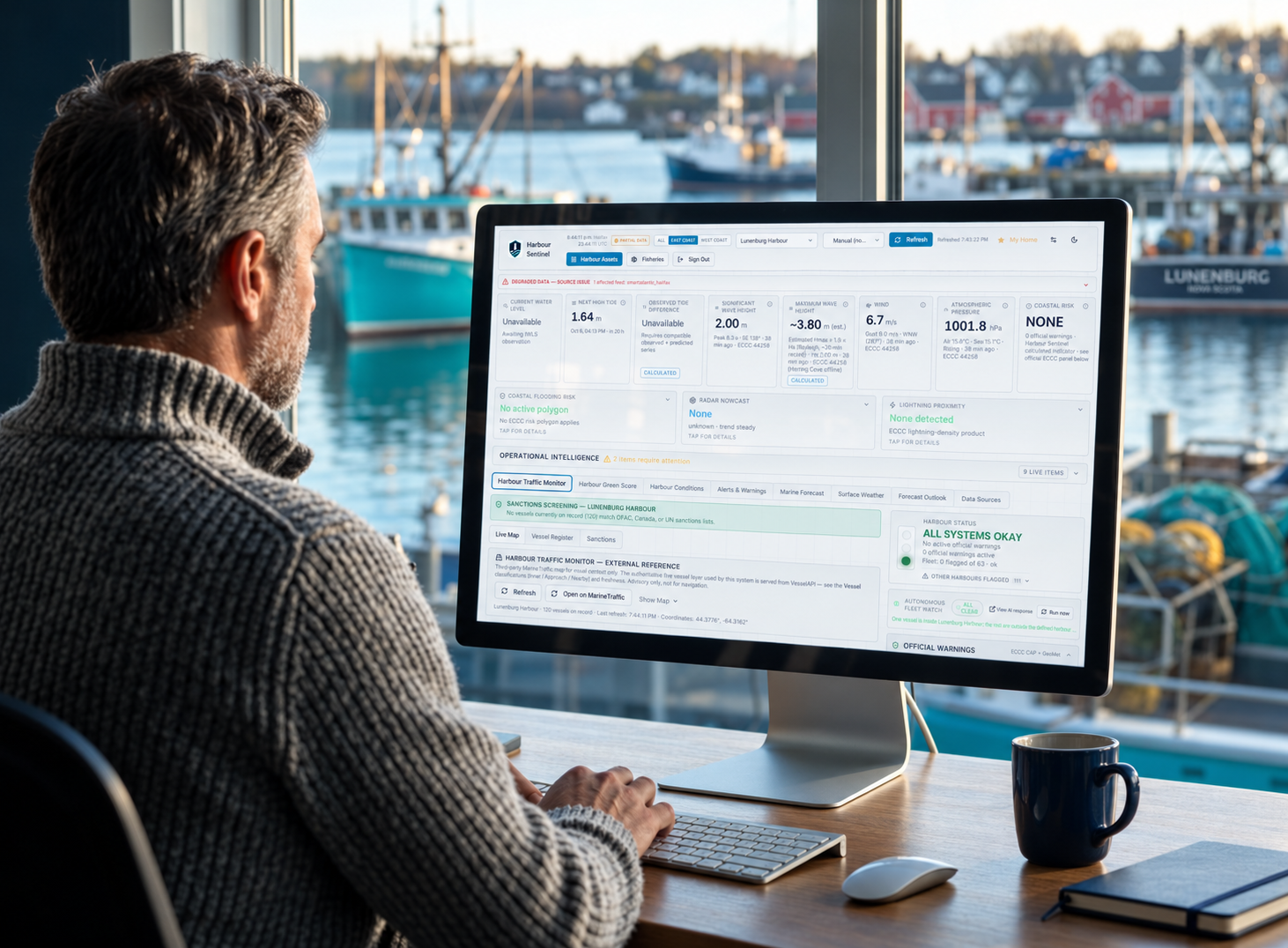 A harbour professional reviewing the Harbour Sentinel dashboard, with live water level, wave, wind and coastal risk readings, with Lunenburg harbour in the background