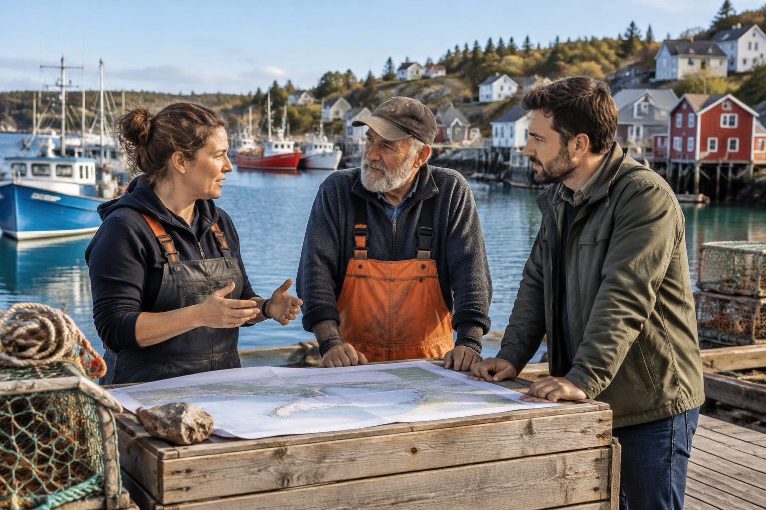 Illustration of a harbour-side conversation, with three people gathered around a coastal plan on a Nova Scotia-inspired wharf