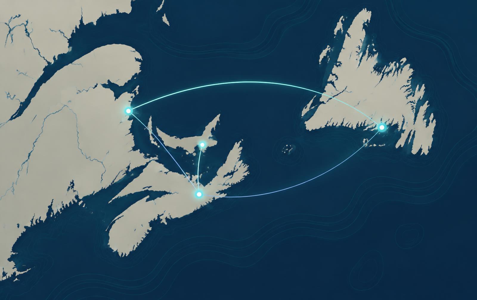 Illustrated map of Canada’s East Coast with four harbours connected by network lines